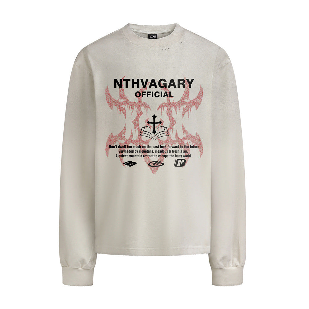 Long Sleeve T-Shirt with Cross & Flame Graphic, Distressed Washed Cotton