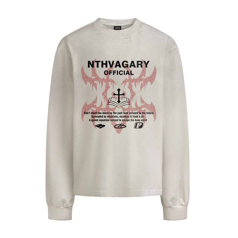 Long Sleeve T-Shirt with Cross & Flame Graphic, Distressed Washed Cotton