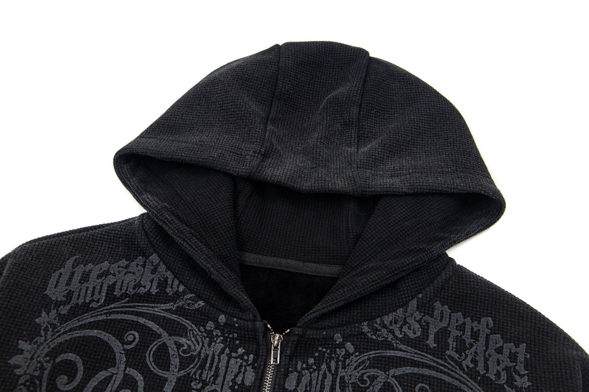 Gothic Scroll Print Zip-Up Hoodie – Washed Waffle Knit, Black
