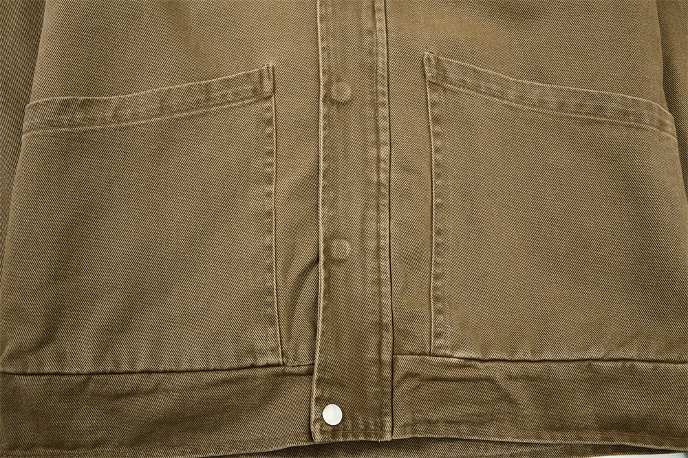 Vintage Workwear Denim Jacket – Stand Collar, Zip Chest Pockets & Oversized Fit