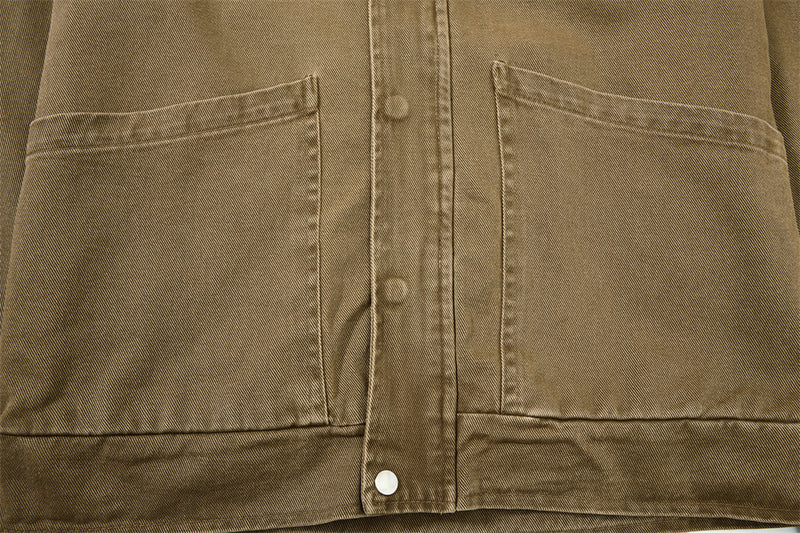Vintage Workwear Denim Jacket – Stand Collar, Zip Chest Pockets & Oversized Fit