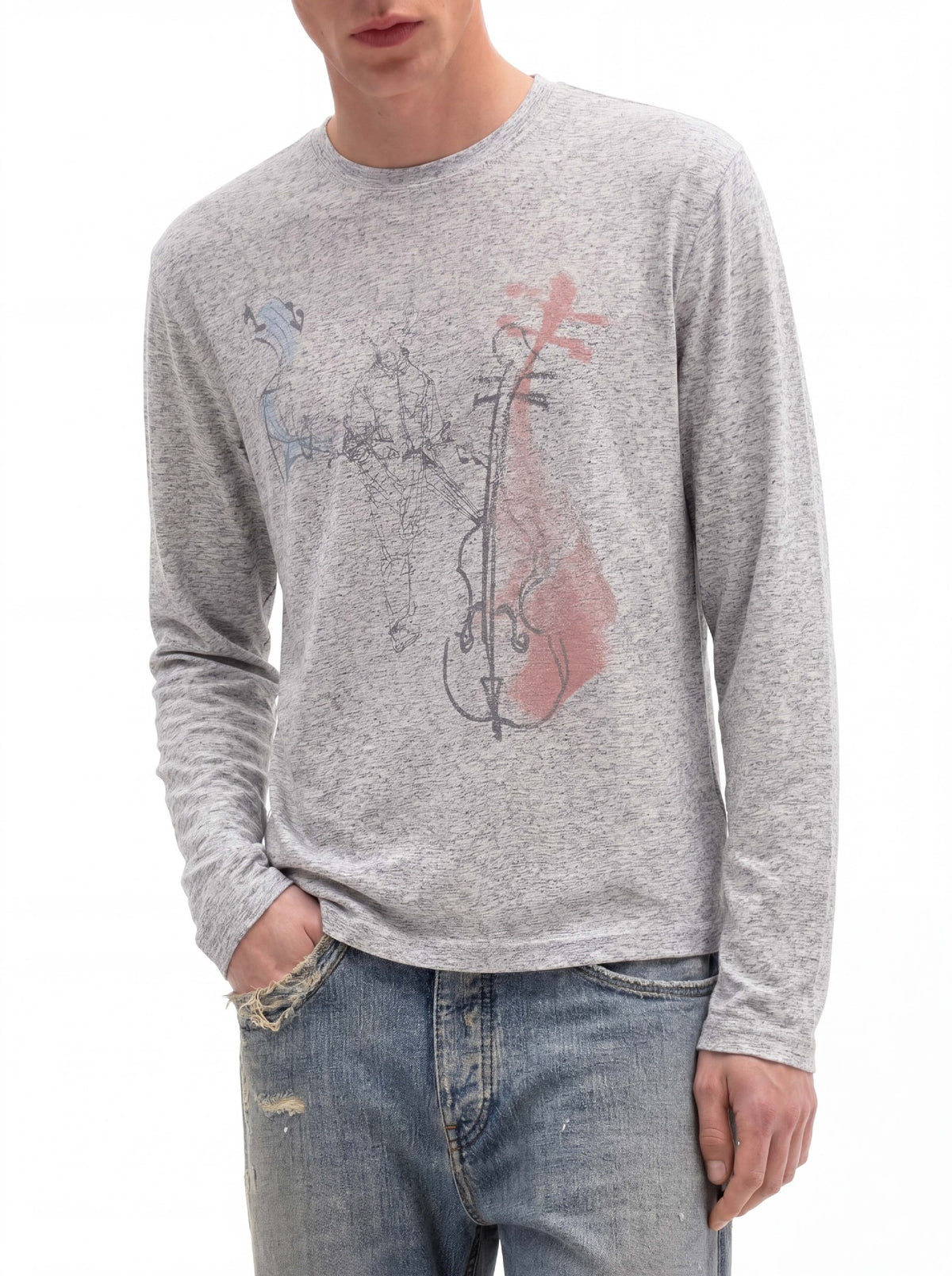 Long Sleeve Graphic Shirt – Cello Musician Sketch Print, Relaxed Fit