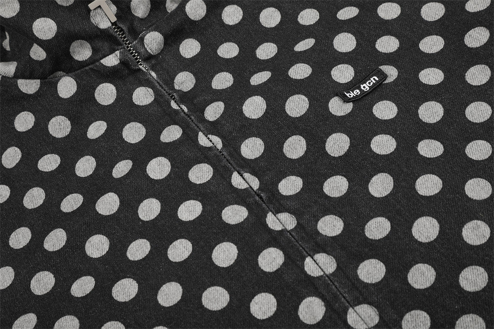 Men's Polka Dot Denim Track Jacket – Stand Collar Full-Zip Retro Streetwear