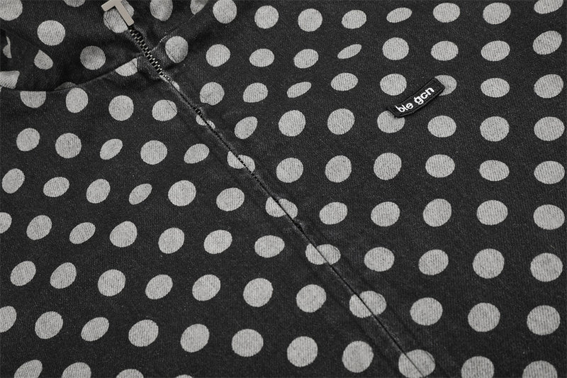Men's Polka Dot Denim Track Jacket – Stand Collar Full-Zip Retro Streetwear
