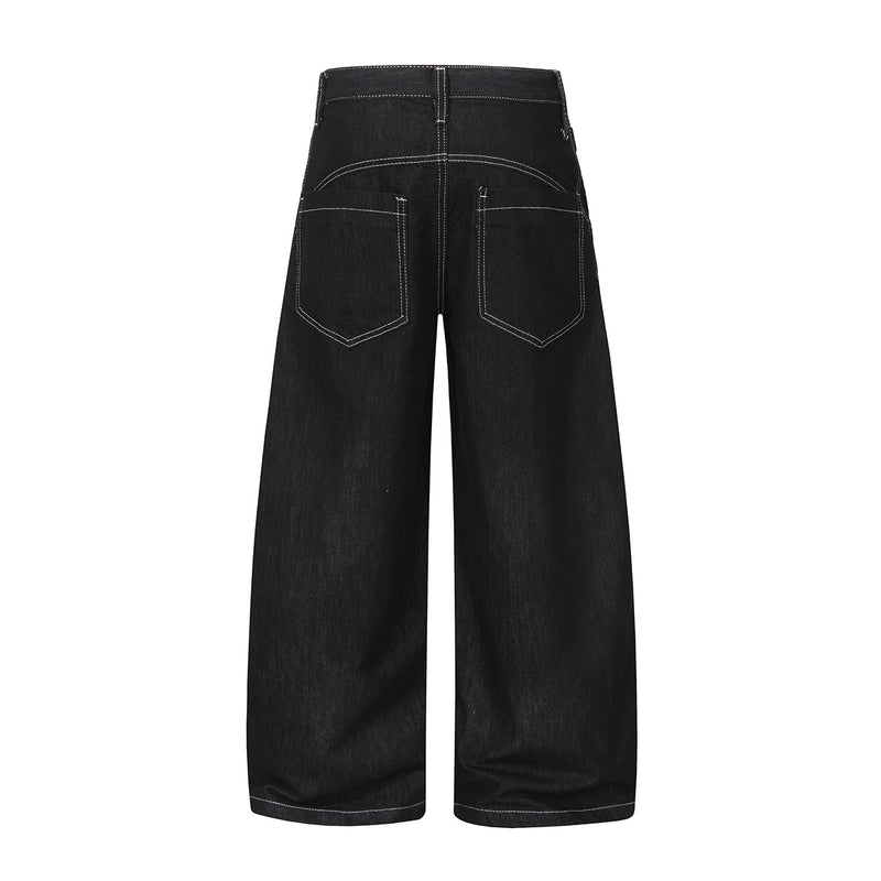 Wide-Leg Baggy Black Jeans with Safety Pin Closures – Streetwear Barrel Fit
