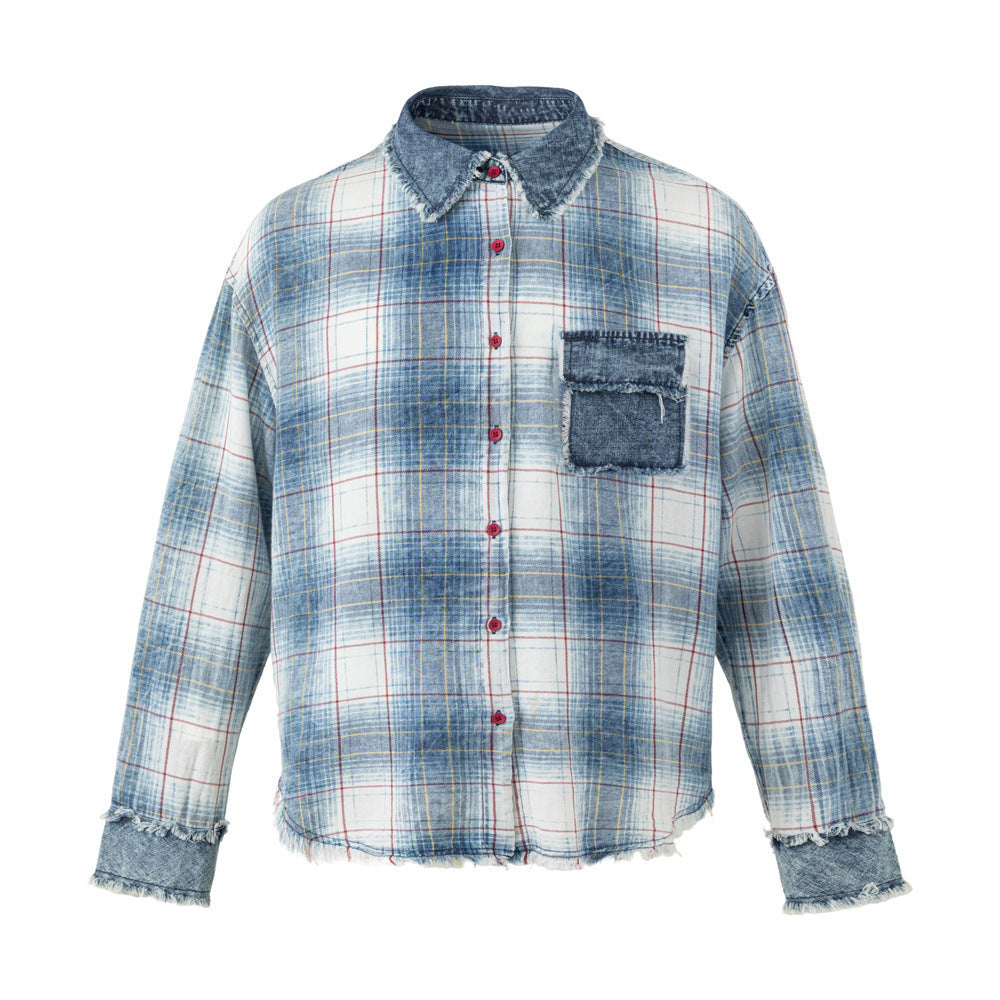 Oversized Washed Plaid Long Sleeve Shirt with Denim Patch Detail