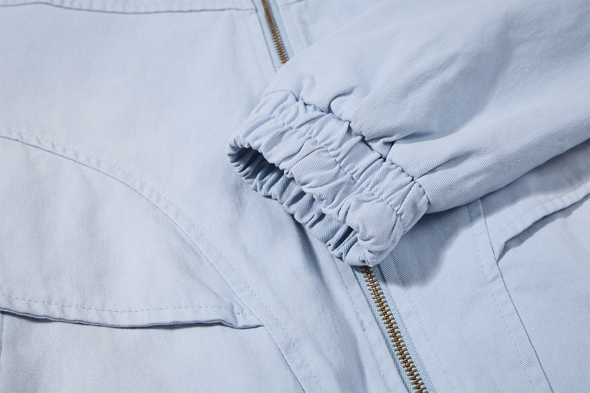Retro American Washed Zip-Up Jacket with Corduroy Collar