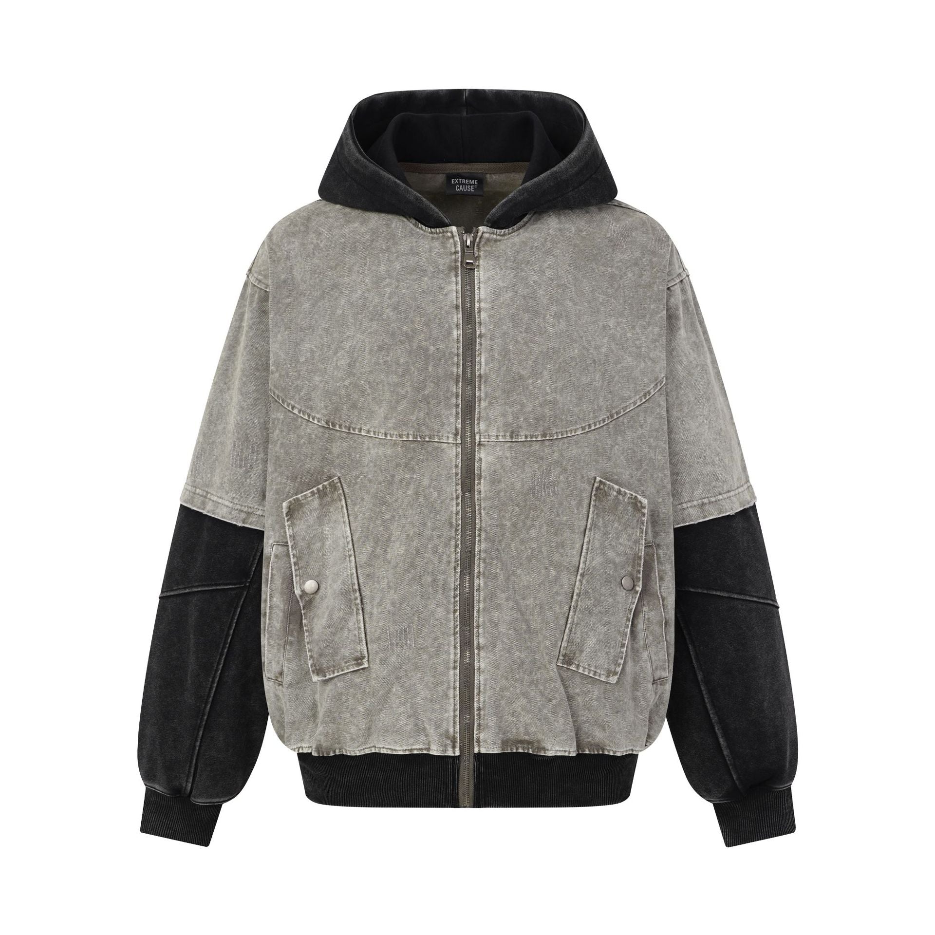Chaqueta bomber con capucha y lavado ácido en dos tonos – Efecto falso conjunto oversize