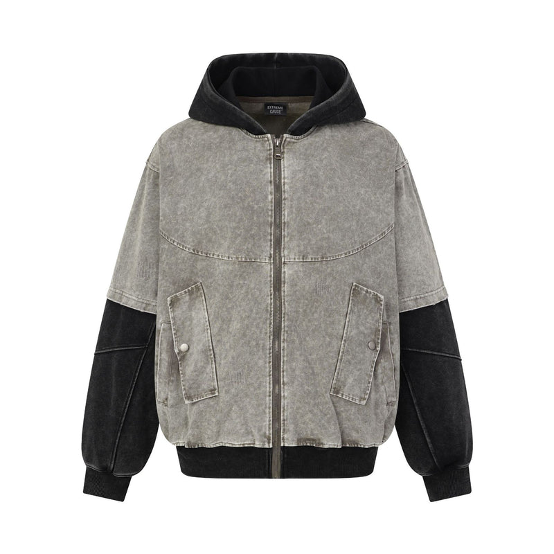 Chaqueta bomber con capucha y lavado ácido en dos tonos – Efecto falso conjunto oversize