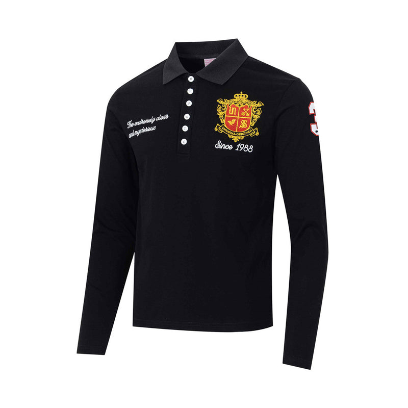 Men's Long Sleeve Polo Shirt with Embroidered Crest Badge