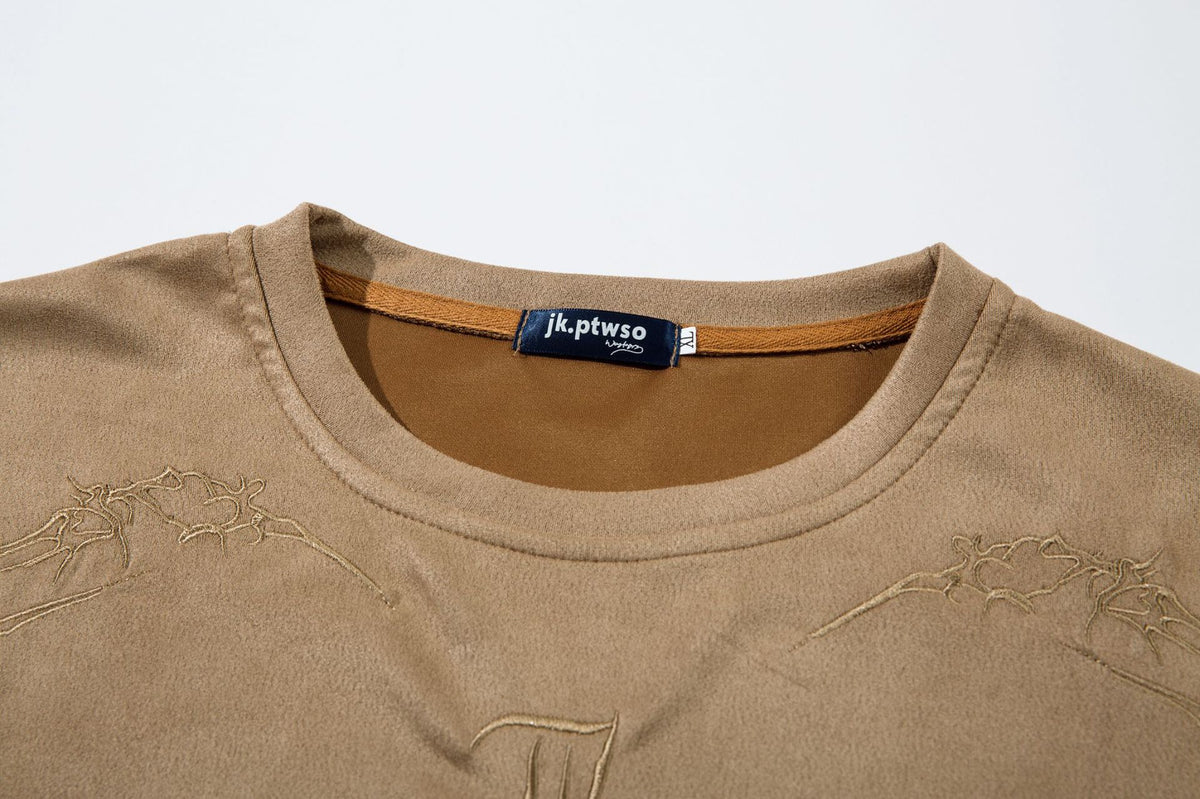 Men's Oversized Suede-Finish Thorn Embroidery Short Sleeve T-Shirt