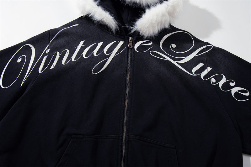 Men's Cropped Zip-Up Hoodie – Black Graphic Script with Detachable Faux Fur Hood