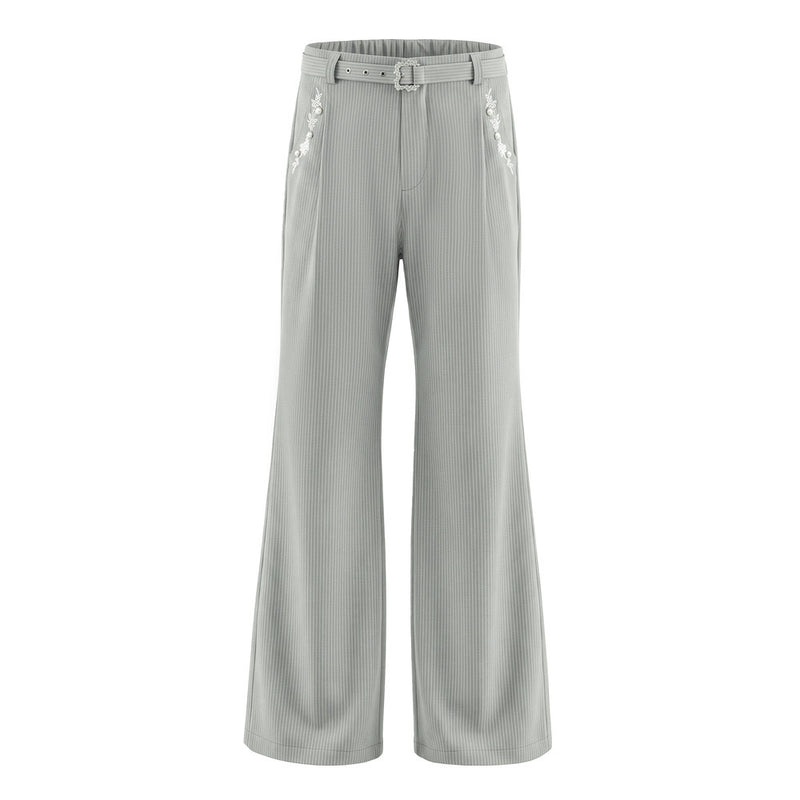 Pantalon ample rayé pour homme avec broderies florales et ceinture