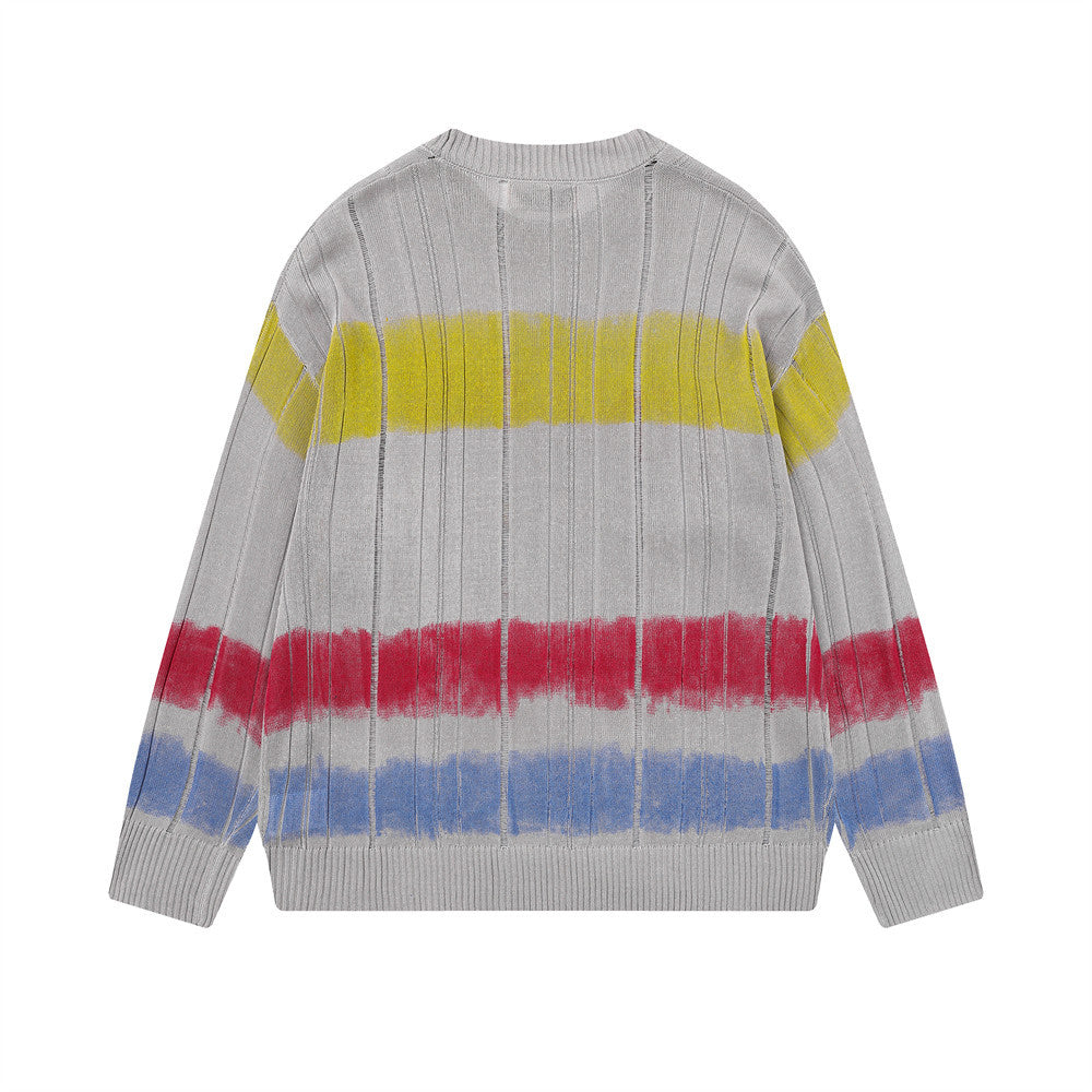 Pull ras-du-cou homme – Maille côtelée rayée tie-dye avec imprimé graphique
