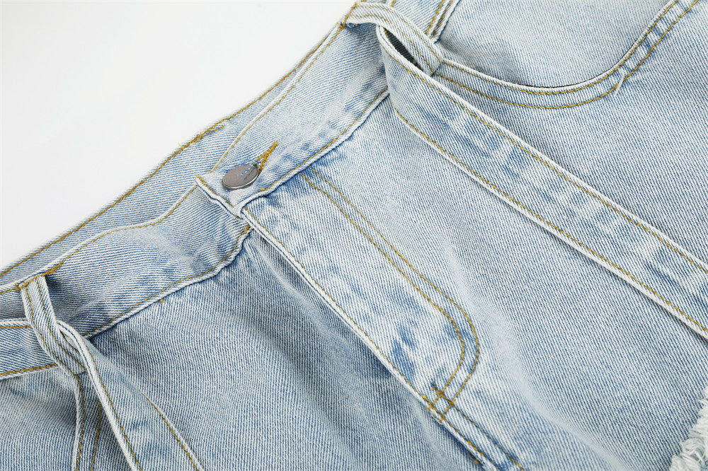 Light Wash Distressed Wide-Leg Jeans – Deconstructed Raw Edge Streetwear Denim