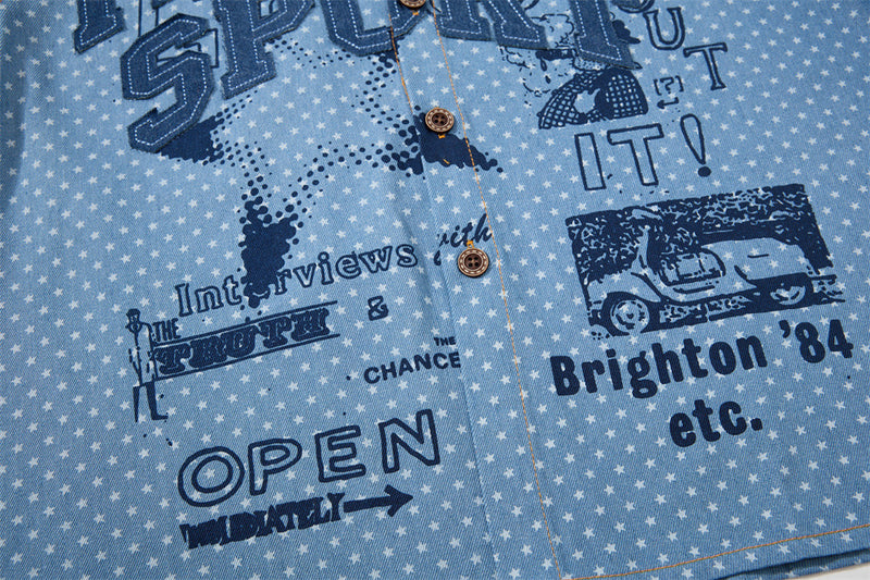 Short Sleeve Button-Up Shirt – All-Over Star Print with Varsity Graphic & Denim