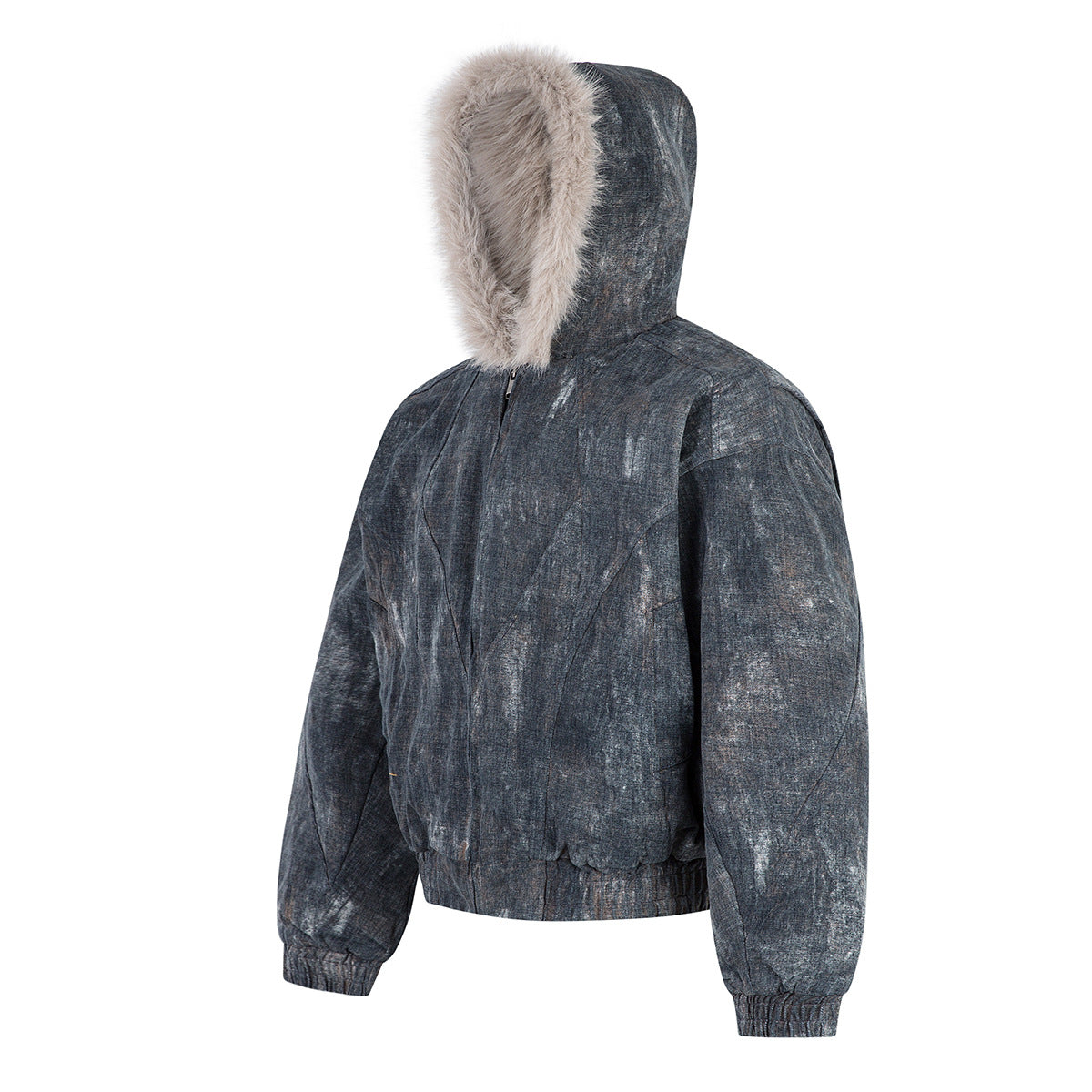 Washed Denim Bomber Jacket with Faux Fur Hood – Vintage American Style