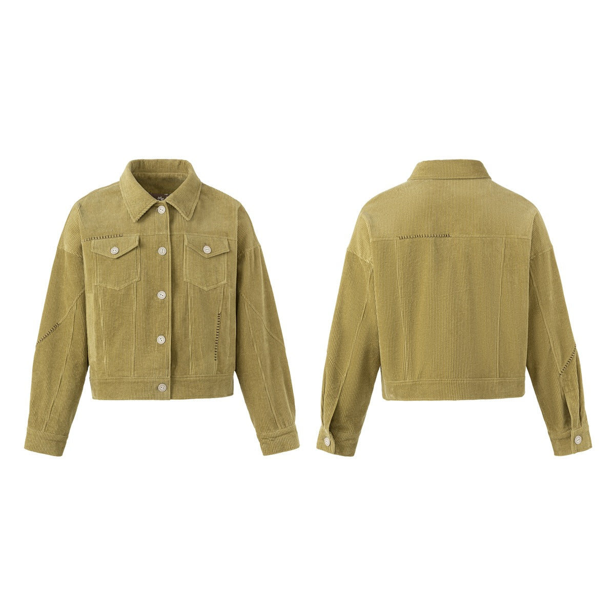 Olive green oversized corduroy trucker jacket with dual chest pockets and hand-stitched seam detailing, front and back view