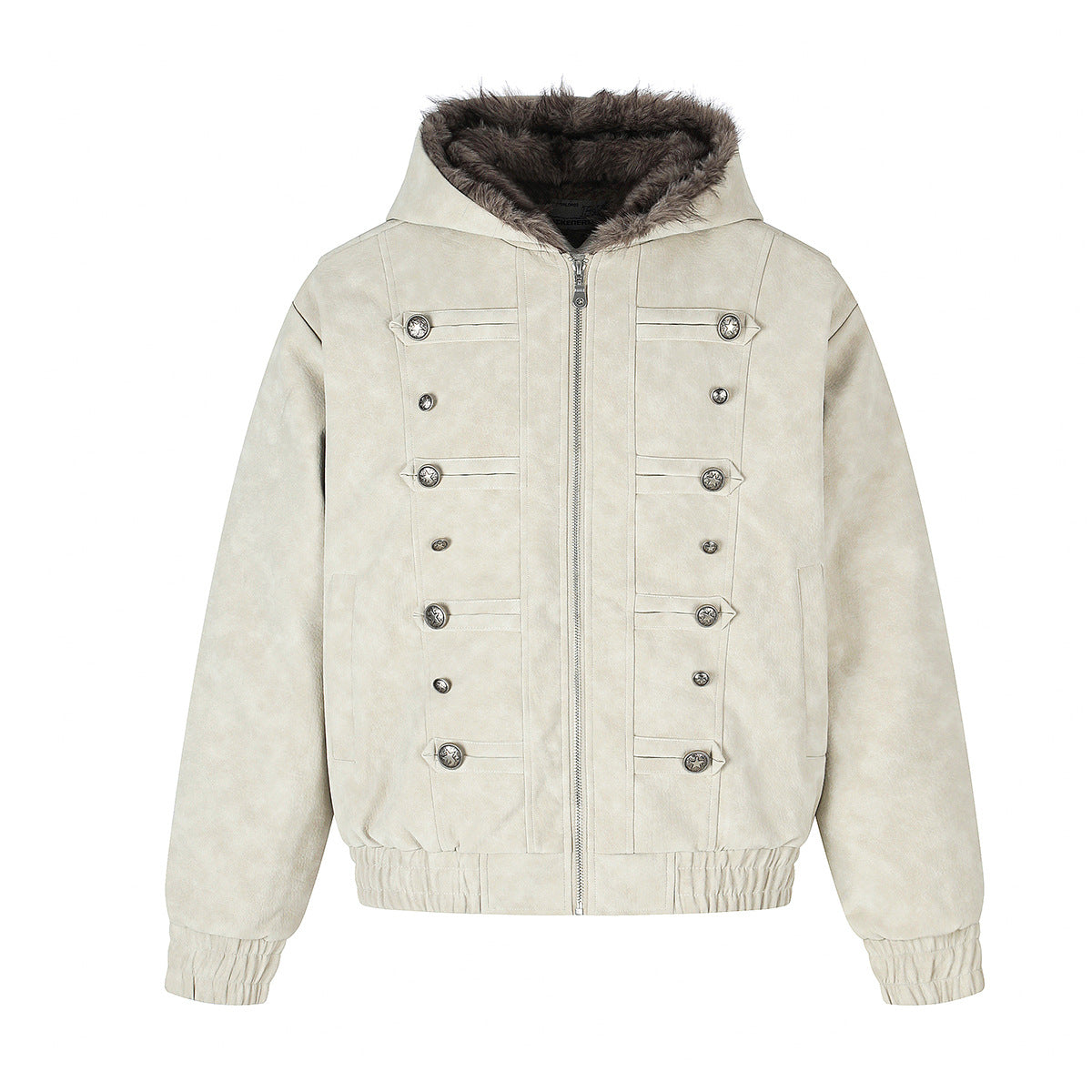 Military Button Bomber Jacket with Faux Fur Hood
