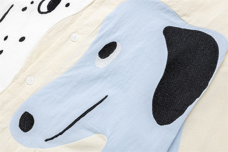 Chemise oversize boutonnée à manches longues, colorblock chien cartoon – Coupe décontractée