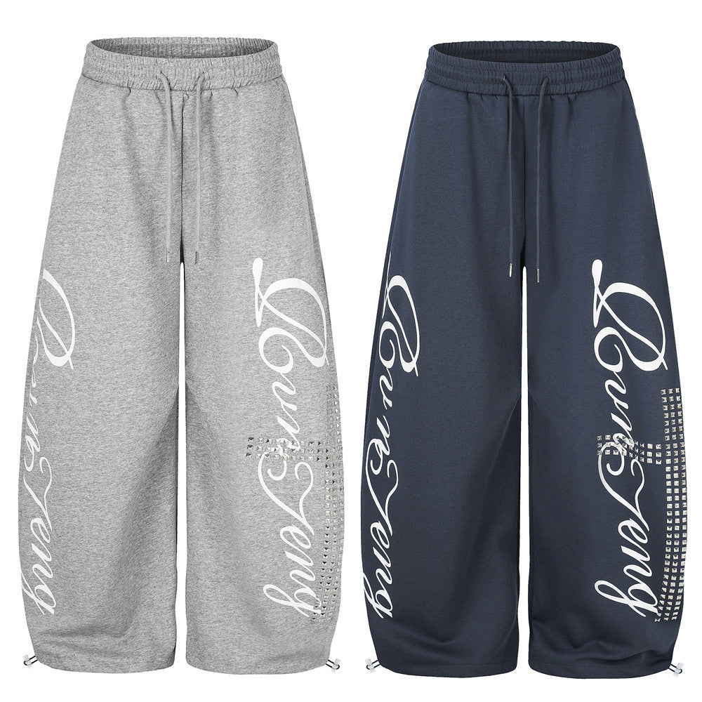 Wide Leg Pants for Men – Cross Rhinestone Script Graphic Relaxed Fit Sweatpants