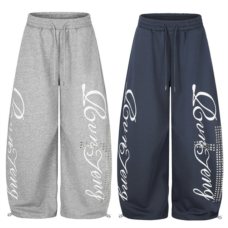 Wide Leg Pants for Men – Cross Rhinestone Script Graphic Relaxed Fit Sweatpants