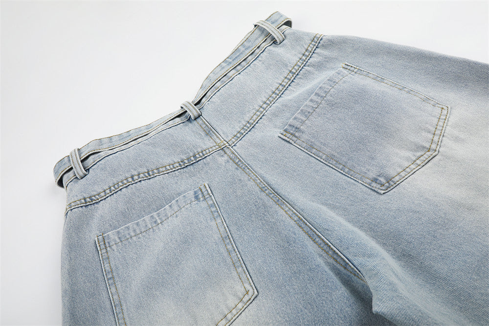 Light Wash Distressed Wide-Leg Jeans – Deconstructed Raw Edge Streetwear Denim