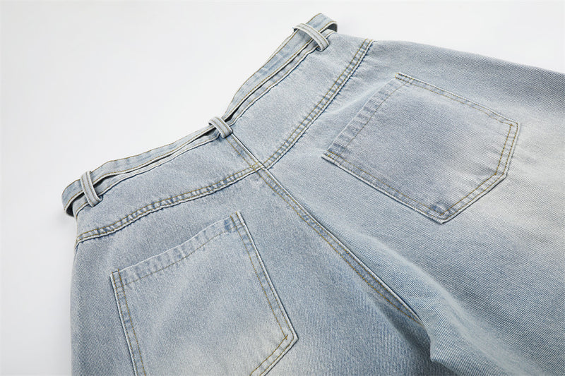 Light Wash Distressed Wide-Leg Jeans – Deconstructed Raw Edge Streetwear Denim