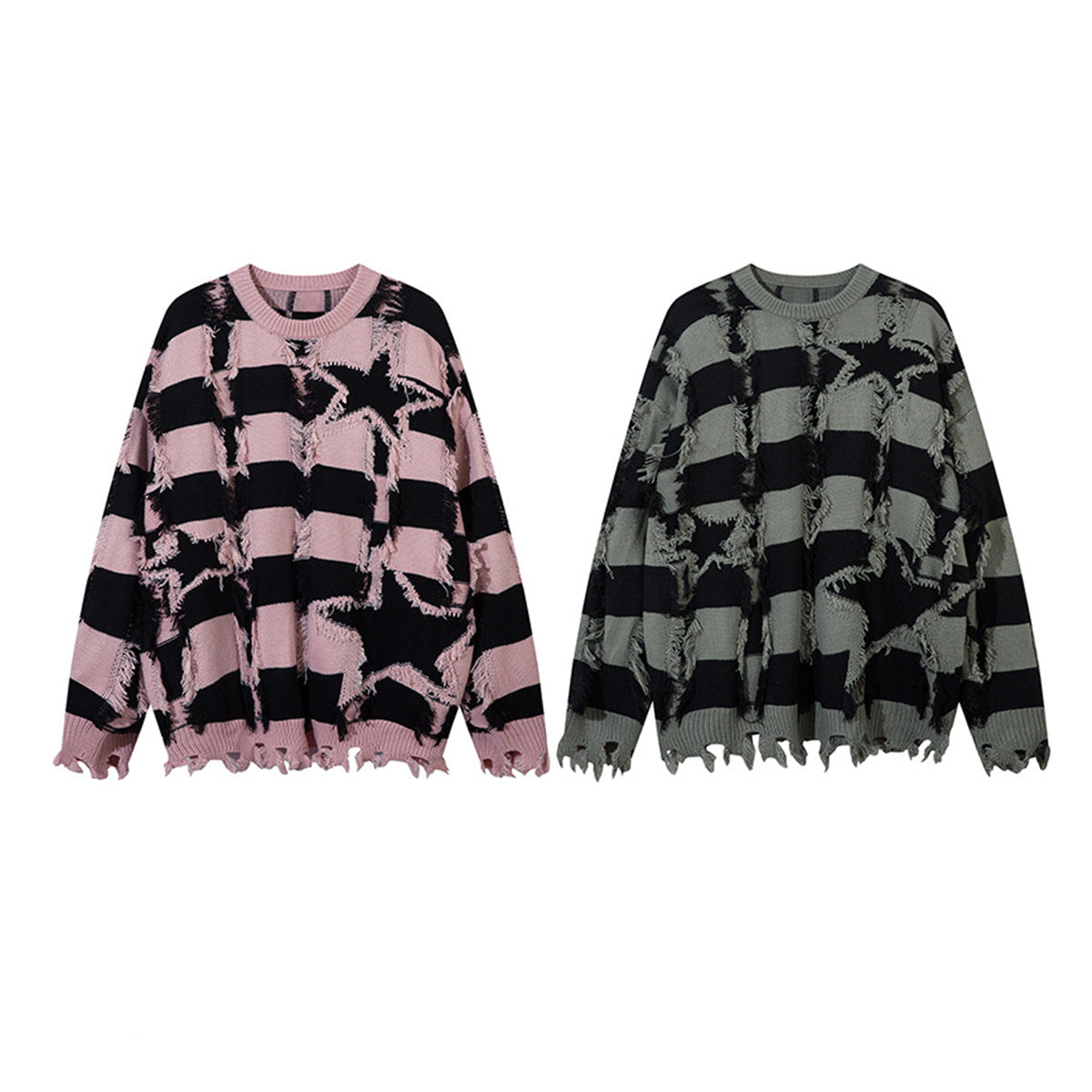 Pull oversize en maille rayée à étoiles délavée – Col rond à franges