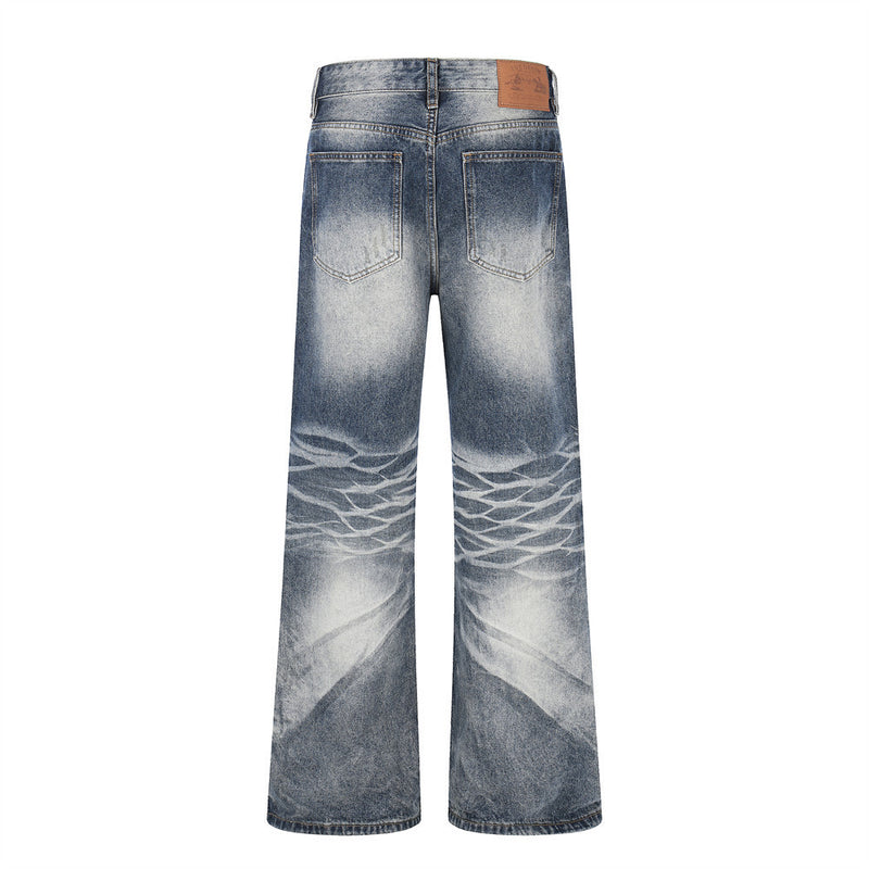 Vintage Wash Wide-Leg Flare Jeans – Men's Distressed Crease-Effect Denim