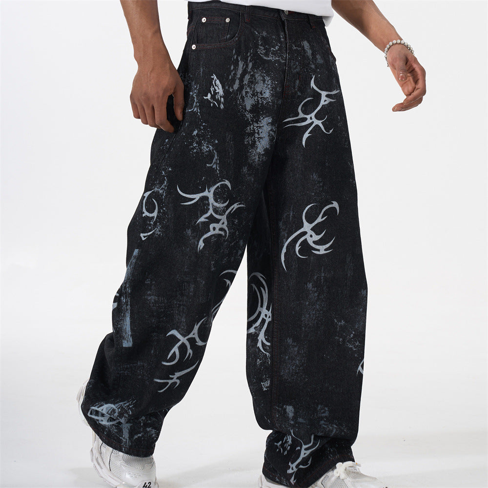 Tribal Print Baggy Jeans – Black Distressed Wide-Leg Denim