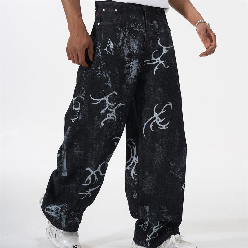 Tribal Print Baggy Jeans – Black Distressed Wide-Leg Denim