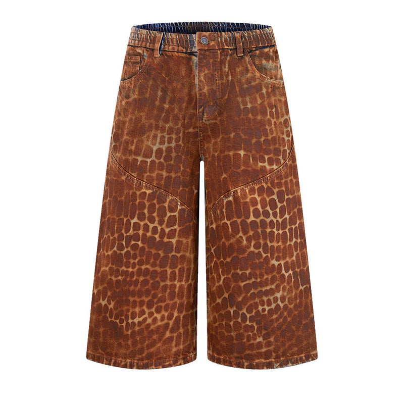 Leopard Print Wide-Leg Denim Shorts – Washed Rust Brown Animal Print