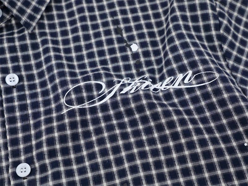Plaid Check Short Sleeve Shirt – Oversized Streetwear with Script Print