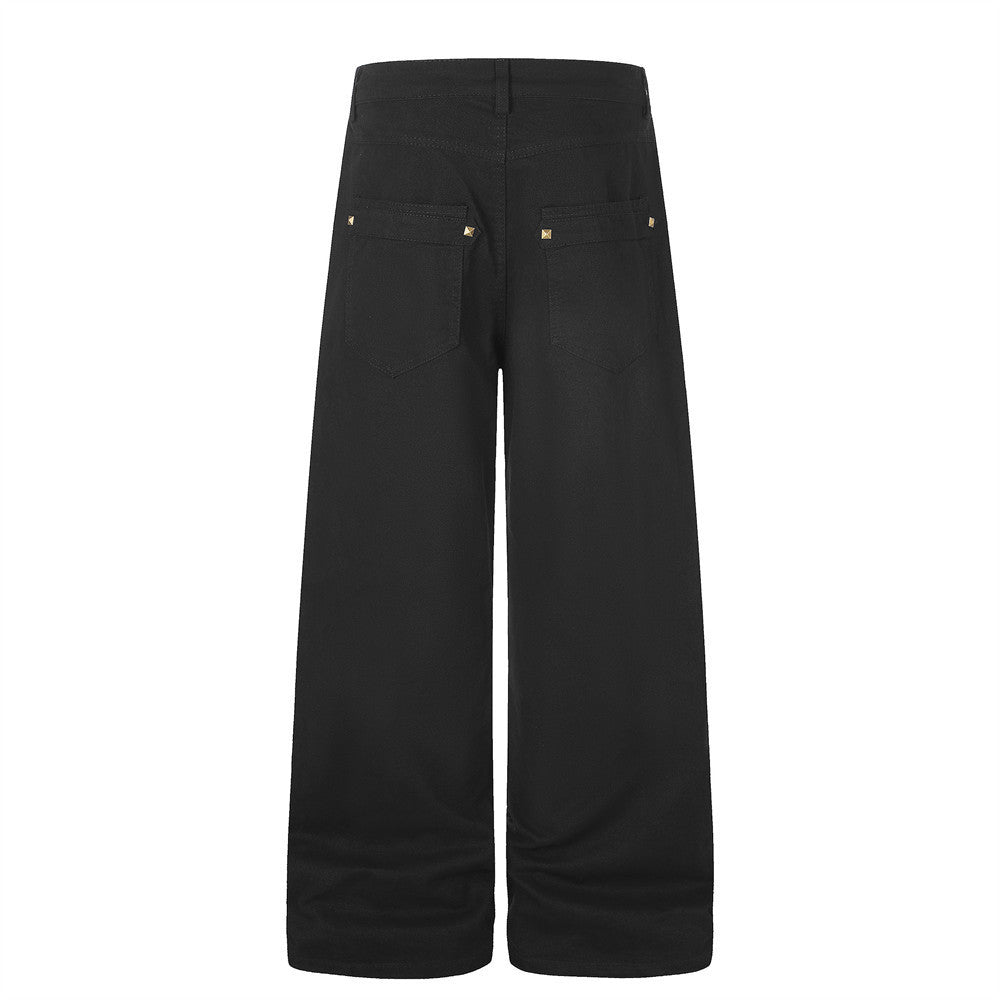 Wide-Leg Cargo Pants with Gold Pyramid Studs – Punk Workwear Straight-Cut
