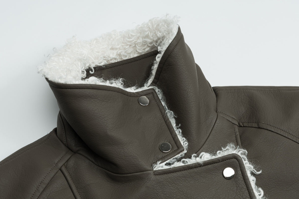 Veste en simili cuir et fourrure, bomber oversize à col sherpa
