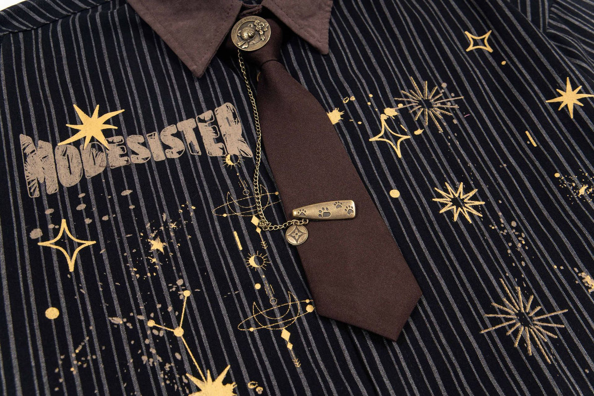 Camisa de vestir de manga corta – Estampado celestial de galaxia, raya diplomática con mini corbata incorporada