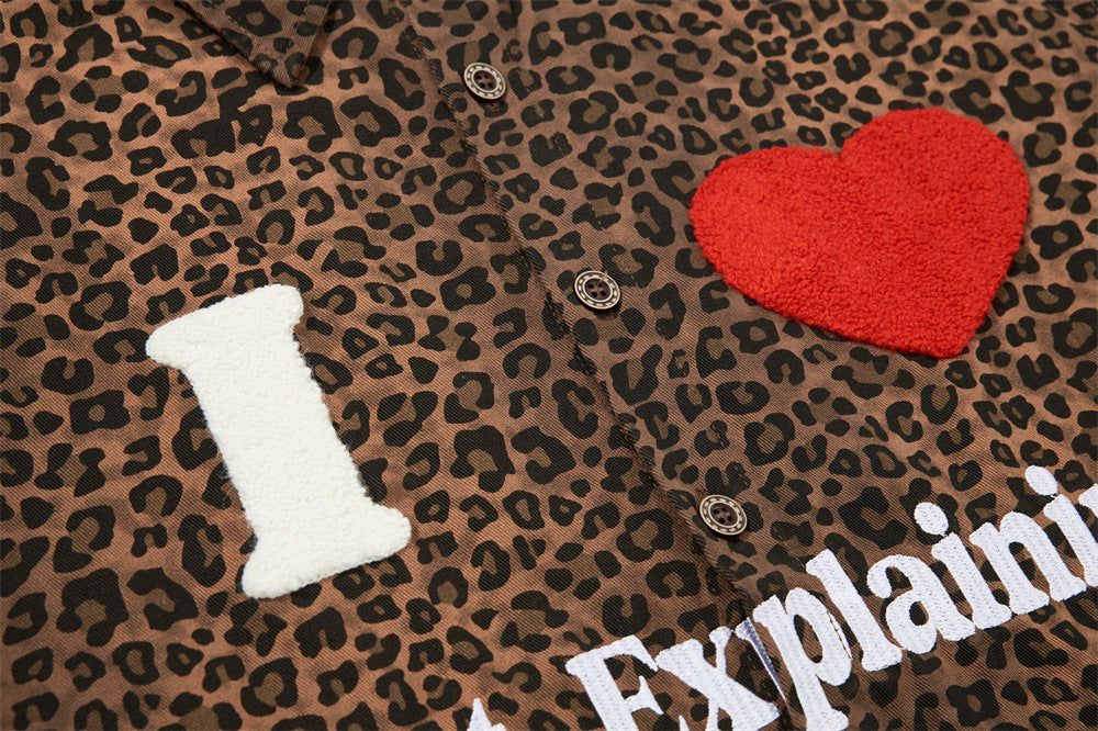 Leopard Print Short Sleeve Shirt with Heart Flocking Patch – Oversized Hip Hop B