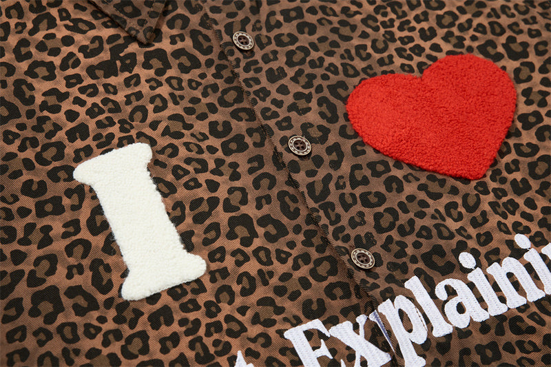 Leopard Print Short Sleeve Shirt with Heart Flocking Patch – Oversized Hip Hop B