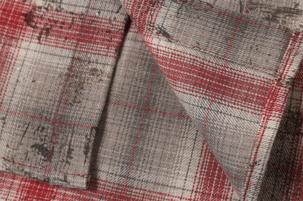 Distressed Plaid Long-Sleeve Shirt with Black Star Patches – Vintage Punk Style