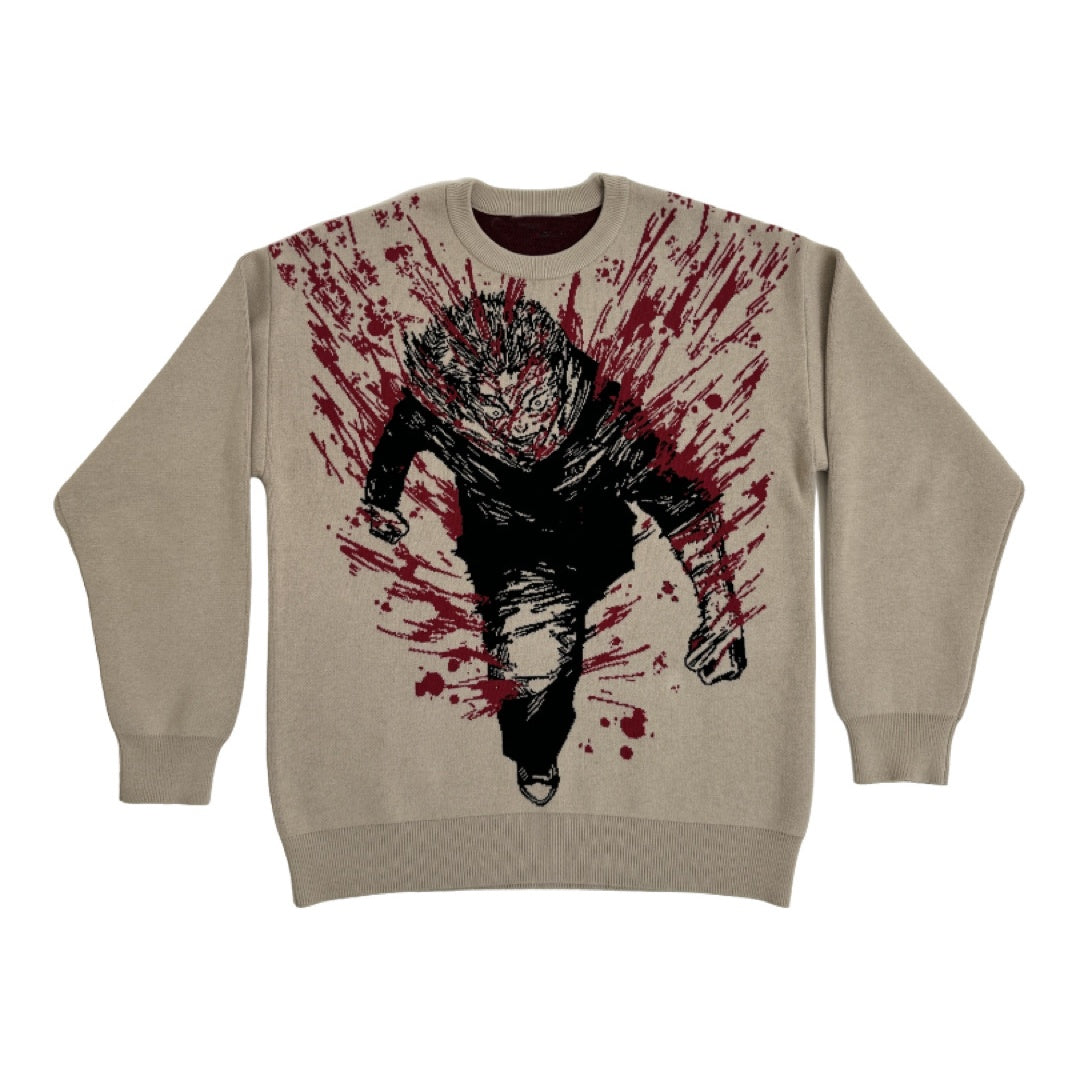 Elevate your streetwear with the Jujutsu Kaisen Premium Yuji Itadori-Inspired Knit Sweater. Featuring a humanoid figure in motion amid red and black splashes, its bold design brings dynamic contrast to the beige fabric, echoing an energetic Bloody Battle Jacquard style.