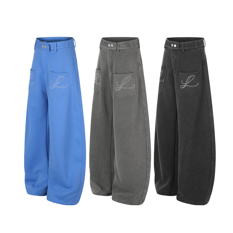 Pantalon habillé à jambes larges – Coupe baggy délavée avec poches brodées et ceinture croisée