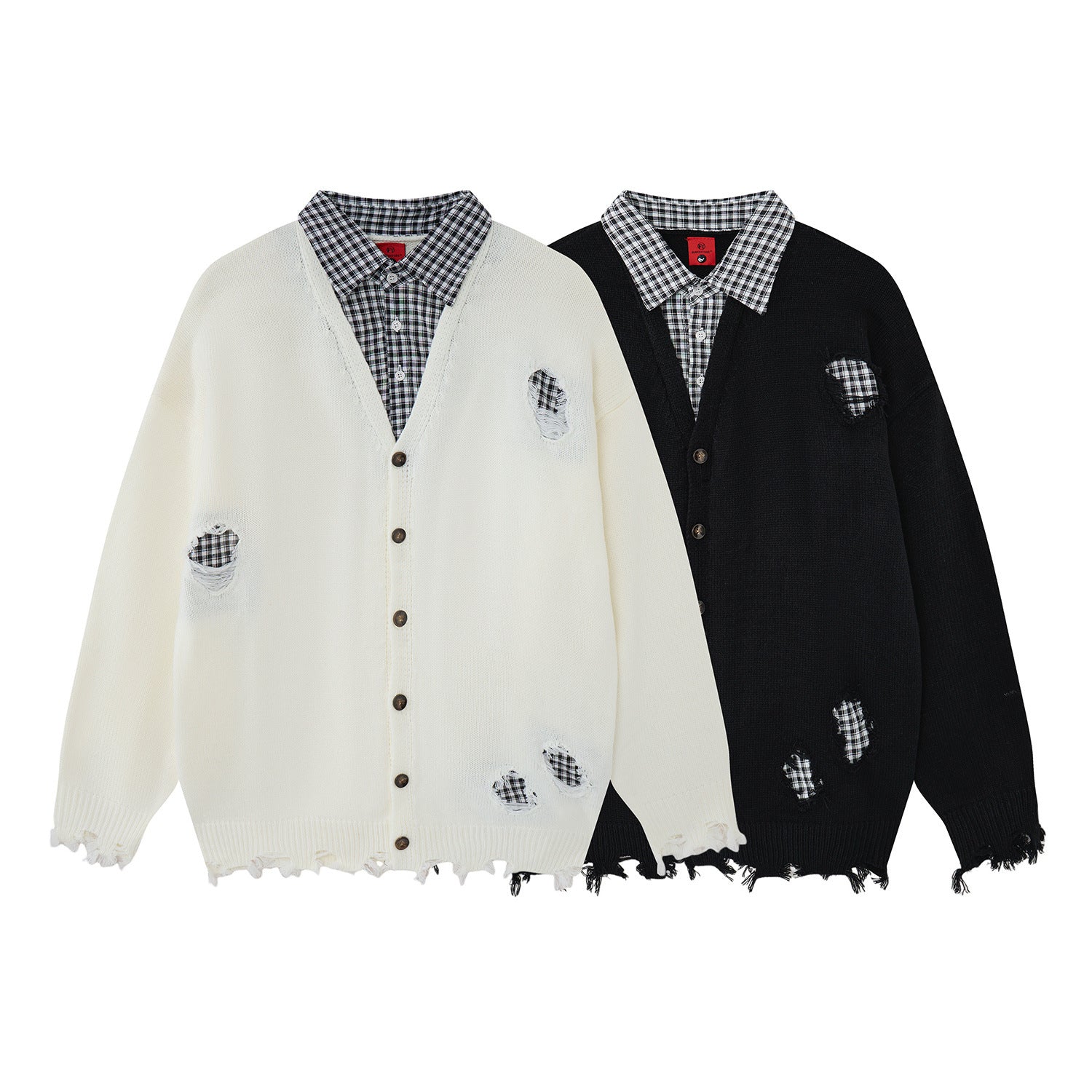 Cardigan oversize en maille délavée, col à carreaux et effet superposé, en noir et blanc