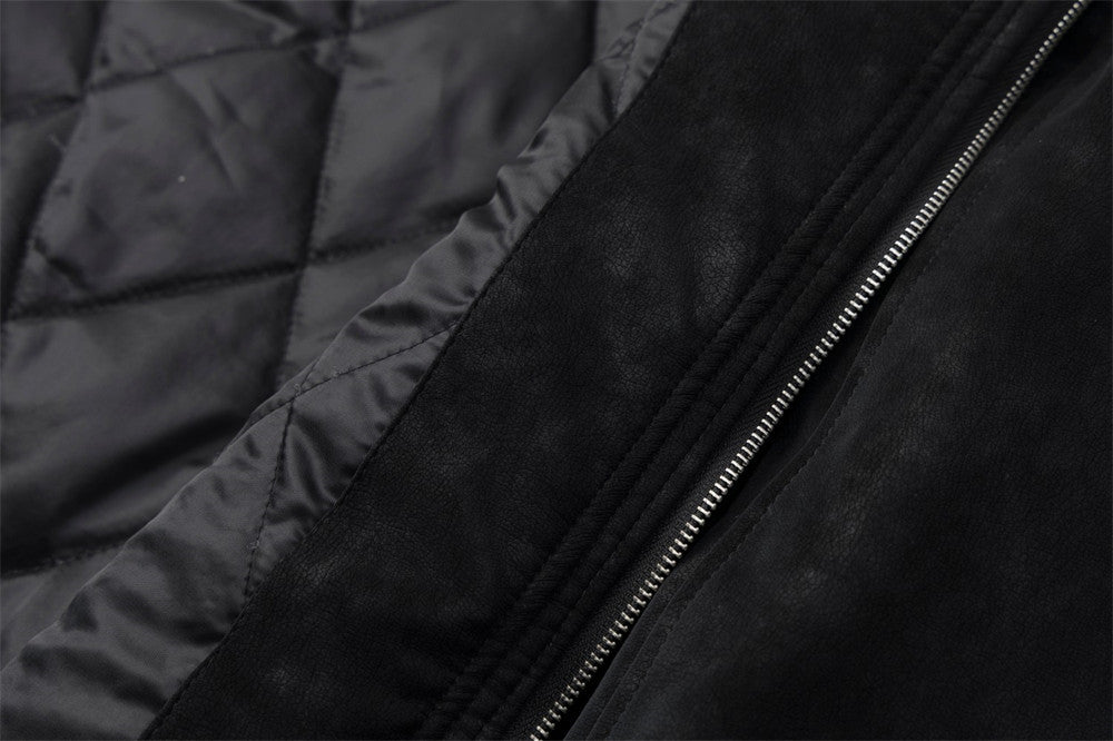 Men's Suede Bomber Jacket with Mongolian Fur Collar, Black Distressed PU Leather