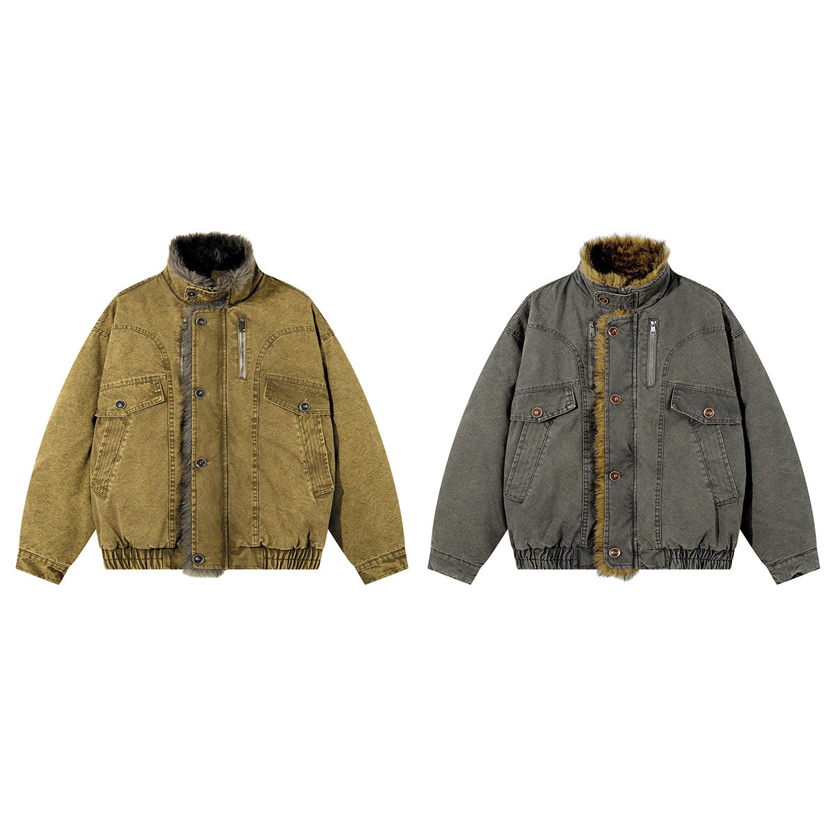 Washed Denim Fur-Collar Padded Jacket – Fleece-Lined Workwear Bomber