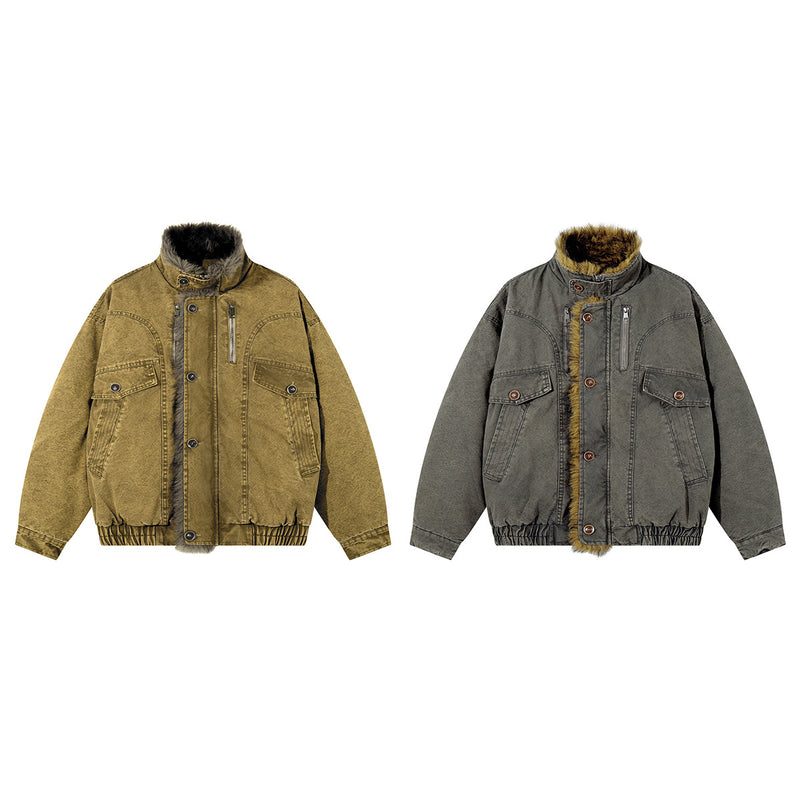 Washed Denim Fur-Collar Padded Jacket – Fleece-Lined Workwear Bomber