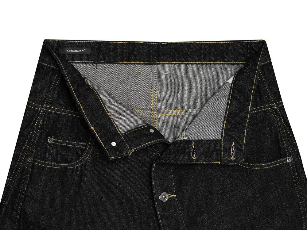 Men's Raw Black Denim Wide-Leg Jeans – Deconstructed Button Fly & Diagonal Seam