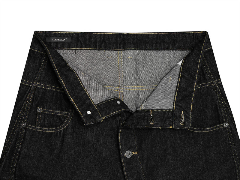 Men's Raw Black Denim Wide-Leg Jeans – Deconstructed Button Fly & Diagonal Seam