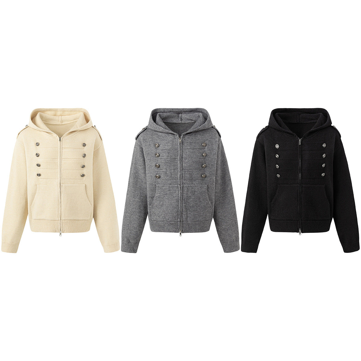 Napoleon Double-Breasted Knit Zip-Up Hoodie with Metal Buttons