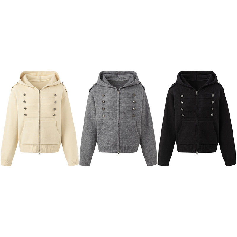 Napoleon Double-Breasted Knit Zip-Up Hoodie with Metal Buttons